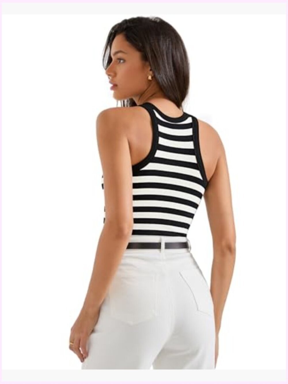 Padded Cotton Ribbed Tank Top High Neck Racerback Basic Top - Picture 4 of 7